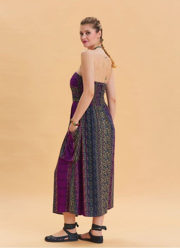 Strapless Chest Pocket Detailed Patterned Purple Flared Dress 4458